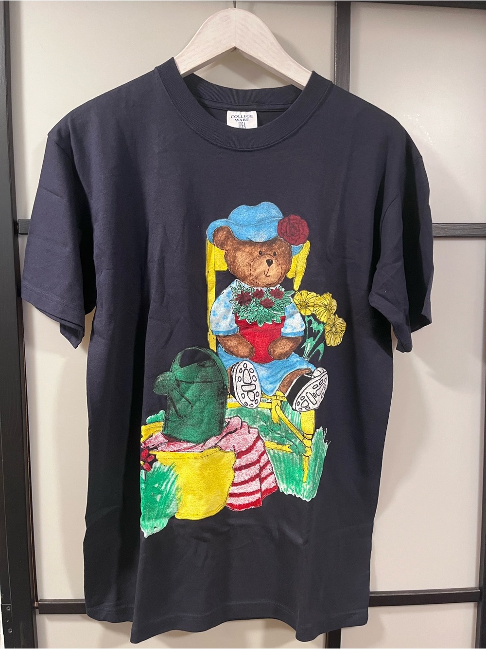 Vintage Gardening Teddy Bear T-Shirt Navy Blue Graphic Tee Medium 90s Cottagecor